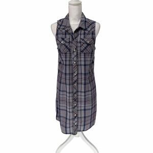 Tommy Hilfiger Blue Plaid Sleeveless Snap Front Closure Shirt Dress Lg